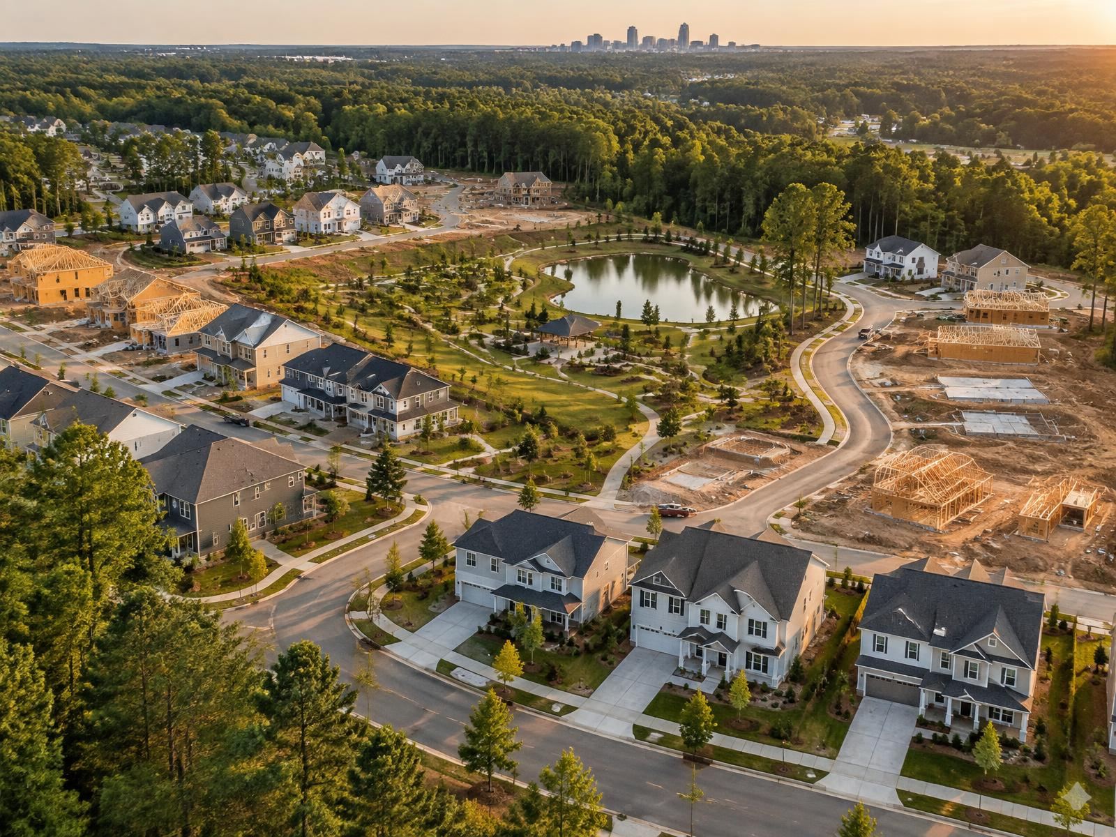 Aerial view of a representative new community under construction in the Triangle