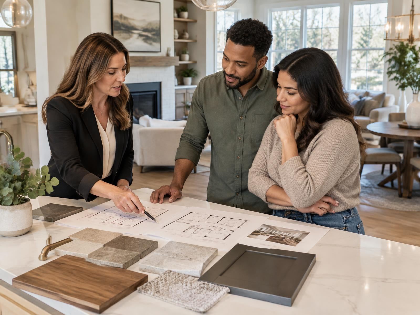 New-home advisor reviewing plans and finishes with buyers in a model home