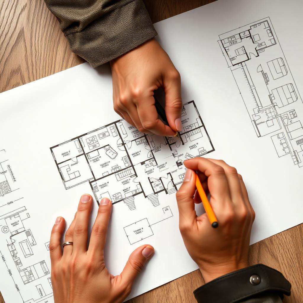 Hands reviewing detailed new-home floor plans